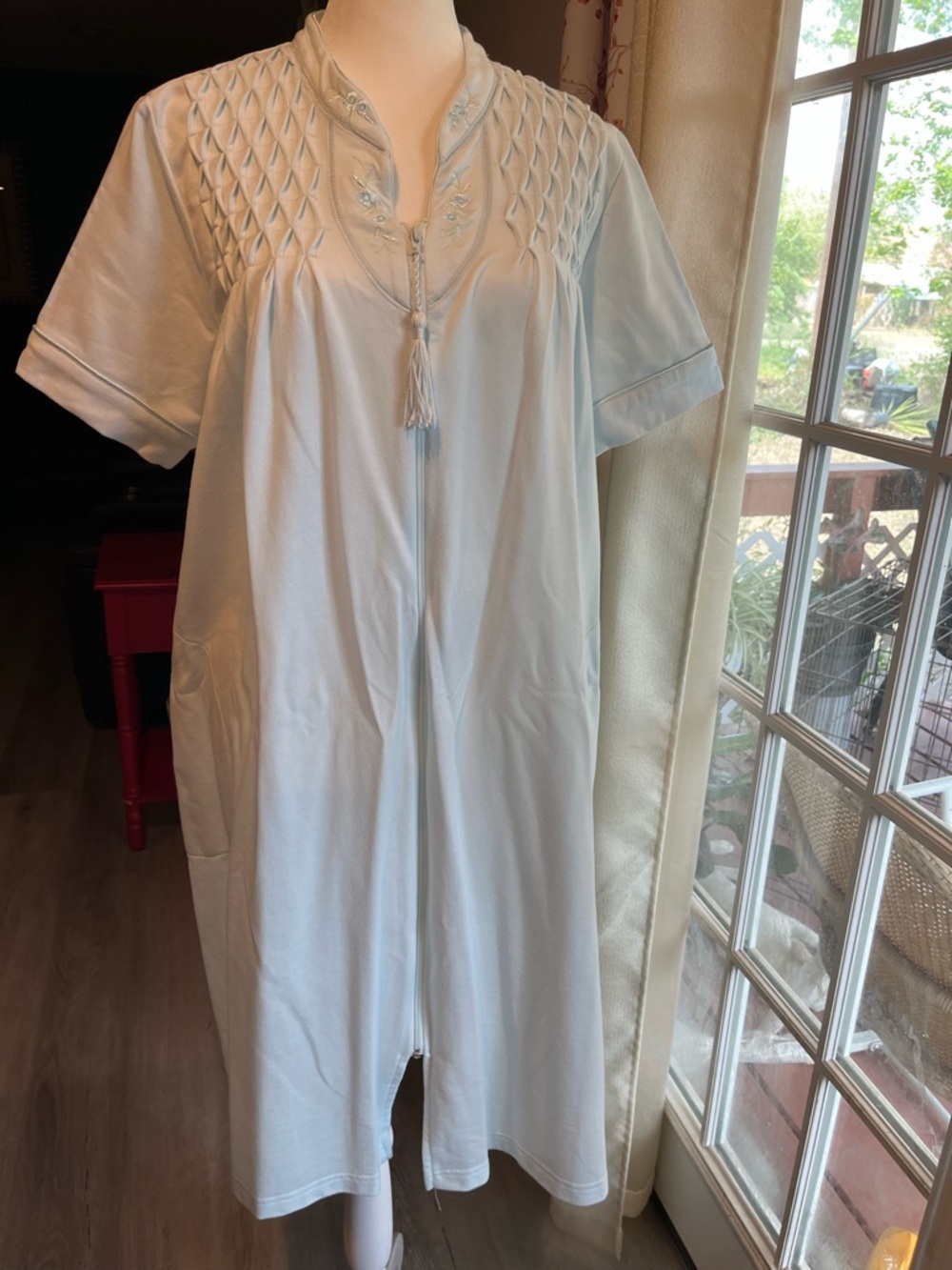 Miss Elaine Pale Blue Short-Sleeve Zip-Front Nightgown with Tassel